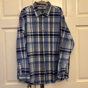 Tasso Elba Men’s Button Down Shirt, Size XXL (18-17-1/2”). Blue Plaid.